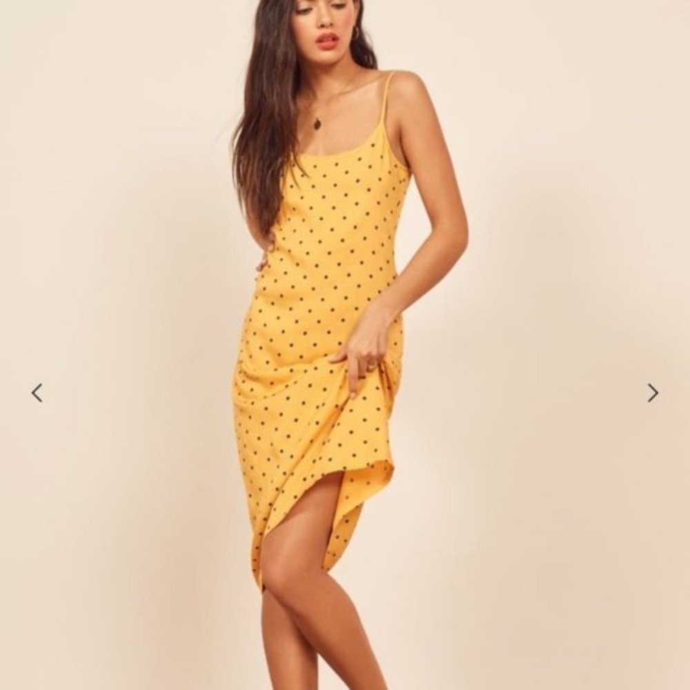REFORMATION Mariah Yellow Polka Dot Midi Dress